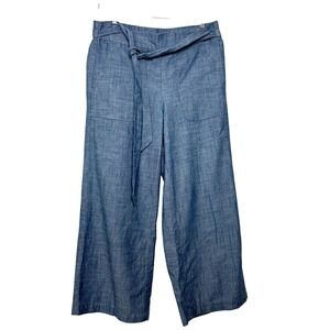 J Crew Womens Chambray Wide Leg Pants Blue Cotton Tie Waist Casual Size 6